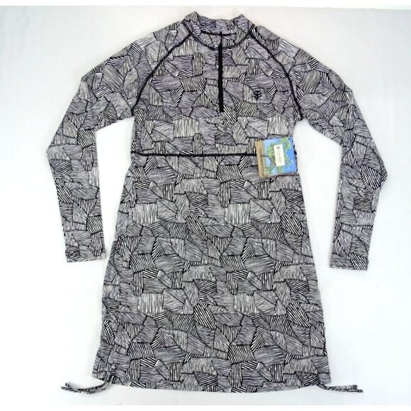 Coolibar UPF 50+ Women's Black White Ruched Swim Shirt NEW Small‎ Geometric - Picture 1 of 5
